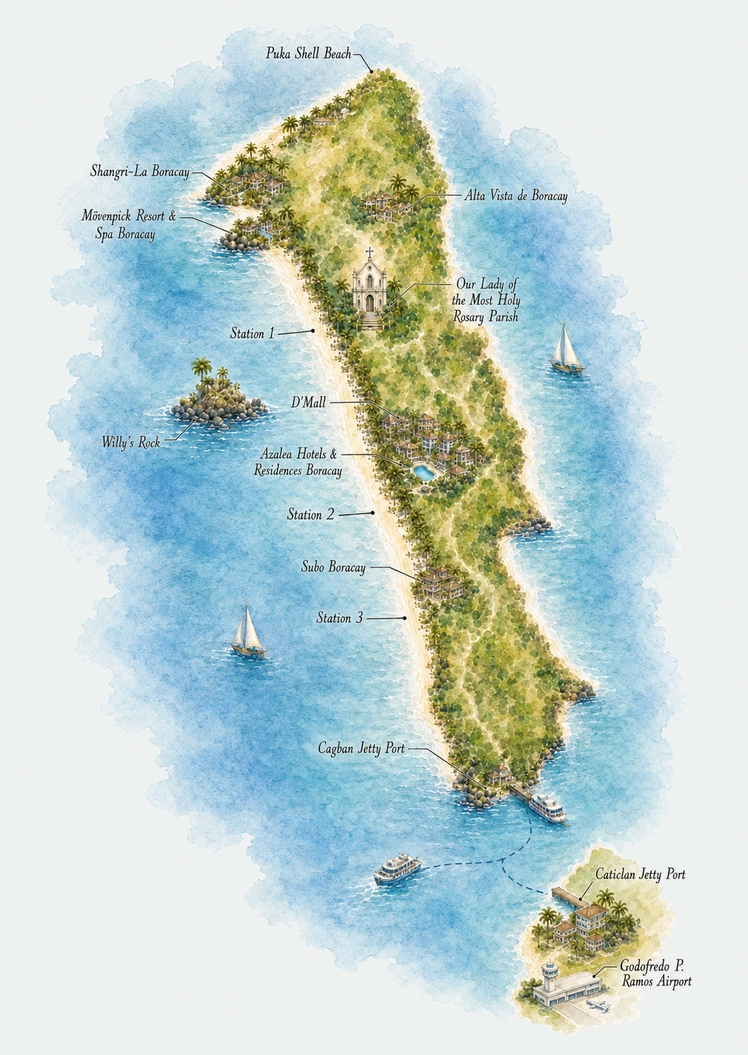 Watercolor map of Boracay Island