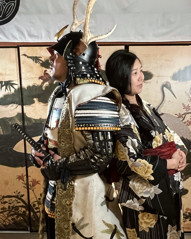 Justin and Nina in samurai armour and kimono in Japan